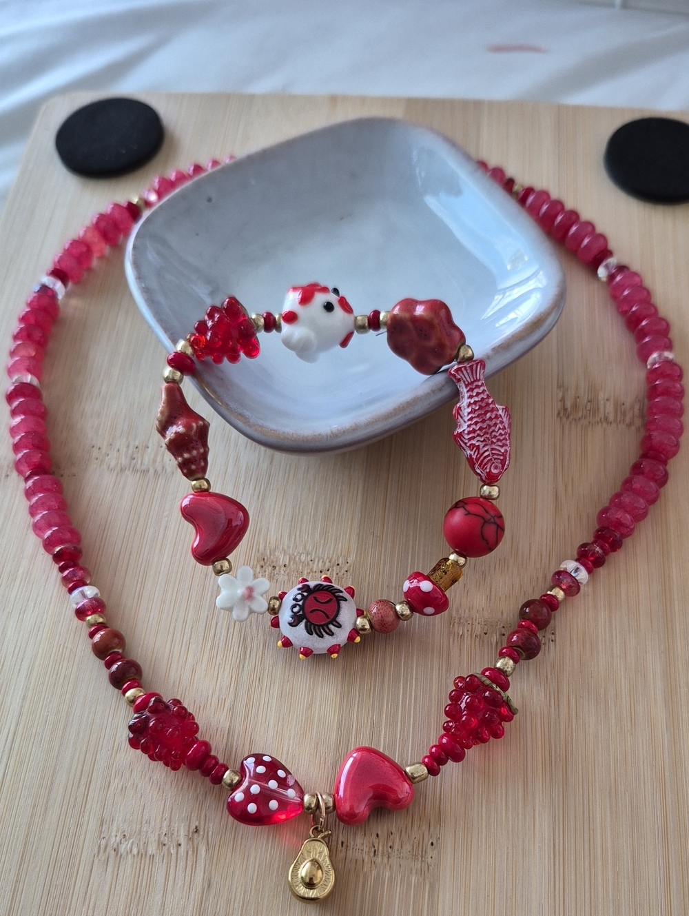 Red Beaded Heart & Charm Necklace and Bracelet Set